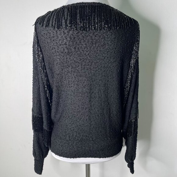 Lillie Rubin Women's Black Long Sleeve Round Neck Fringe Blouse Size Small - Picture 4 of 9
